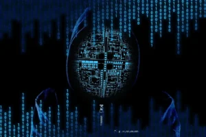 Hooded figure with binary code, representing advanced cybersecurity solutions.
