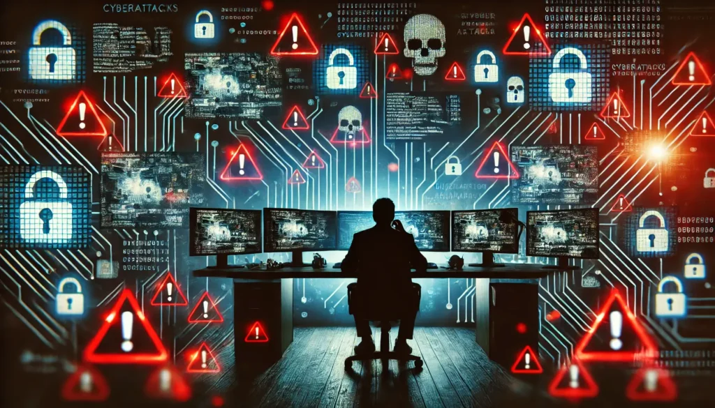 Person monitoring multiple screens showing cyberattacks, highlighting our security solutions.