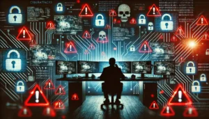 Person monitoring multiple screens showing cyberattacks, highlighting our security solutions.