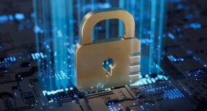 Gold padlock on a glowing circuit board, representing robust cybersecurity solutions.