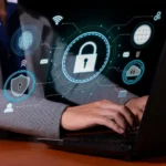 Laptop with security icons, illustrating our comprehensive cybersecurity solutions.