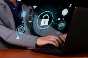 Laptop with security icons, illustrating our comprehensive cybersecurity solutions.