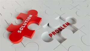 Red puzzle piece labeled "Solution" fitting into "Problem", representing IT consulting.