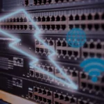 Internet Speed Network switches with globe, Wi-Fi, and data flow, representing managed IT services.
