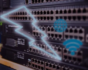 Internet Speed Network switches with globe, Wi-Fi, and data flow, representing managed IT services.