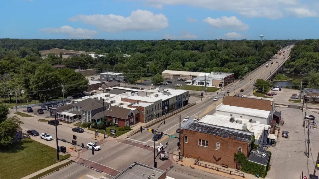 Aerial view of Yorkville, Illinois main street and businesses—illustrating the role of IT support and cybersecurity services for local companies.